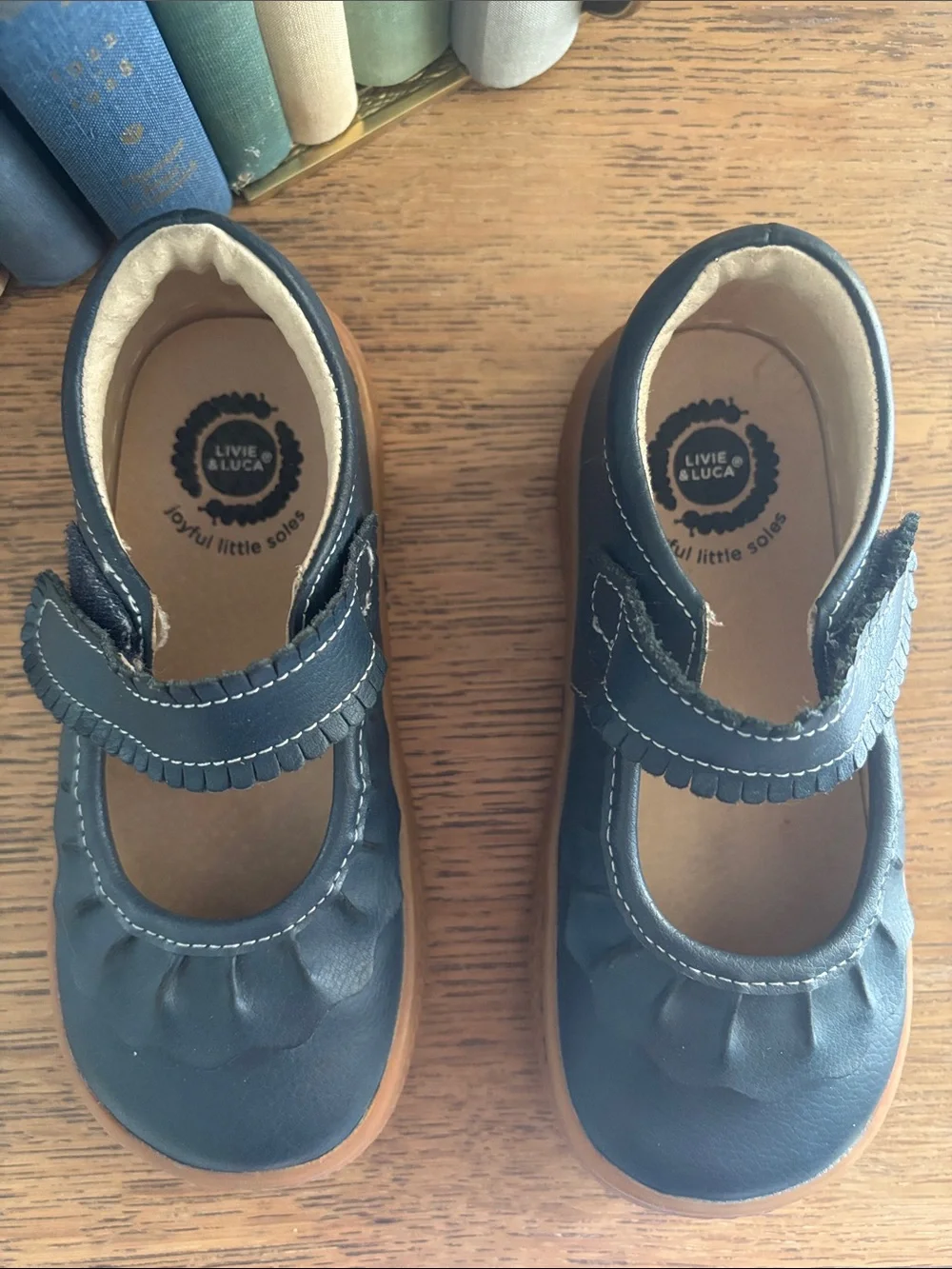 Livie & Luca Navy Mary Jane Ruffle Trim Leather Shoes EUC